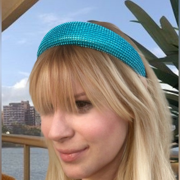 Padded 1.5” Headband with Aquamarine Rhinestone Aluminum Mesh Overlay Handmade - Picture 3 of 8